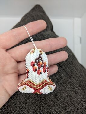 Handcrafted Beaded Bell Ornament - White, Red & Gold